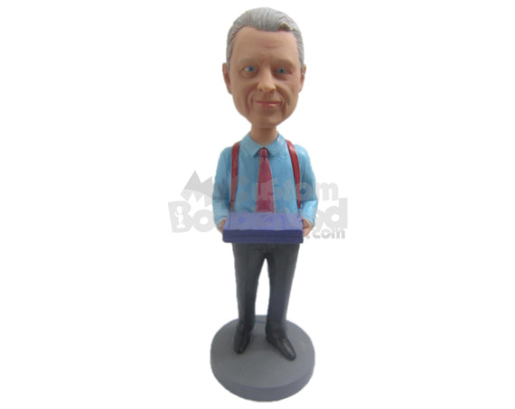 Custom Bobblehead Handsome Man In Formals In Suspenders With Box In Hand - Leisure & Casual Casual Males Personalized Bobblehead & Cake Topper Custom Bobblehead Handsome Man In Formals In Suspenders With Box In Hand - Leisure & Casual Casual Males Personalized Bobblehead & Cake Topper